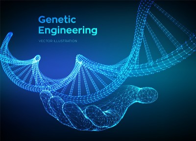 DNA序列在手。线框DNA分子结构网。DNA代码可编辑模板。科学技术概念。矢量插图。