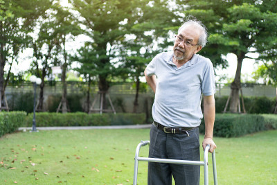 亚洲残疾老人在公园用助行器或拐杖慢步行走。老年，老年，成熟，残疾，男性，感到疼痛，遭受背痛。医疗保险
