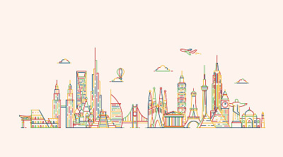 世界的轮廓。插图在大纲风格