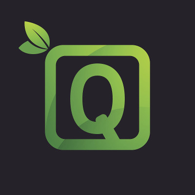 Q字母图标在方形和绿色的叶子。