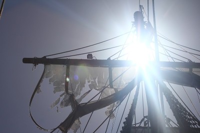 Masts of the sailing vessel.  Old pirate ship.
