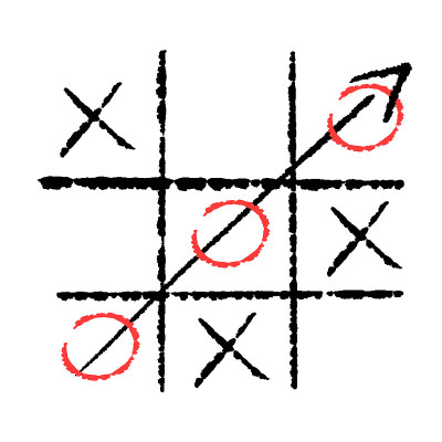 手绘的tic tac toe游戏。x o儿童游戏。在井字棋获胜。矢量插图在涂鸦风格在白色背景。