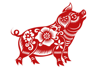 十二生肖猪年，红剪纸猪，新年快乐2019年猪年