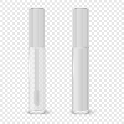 矢量3d现实封闭塑料透明和白色唇彩，口红包装设置隔离。采购产品玻璃容器，管，盖子，刷子。塑料透明瓶设