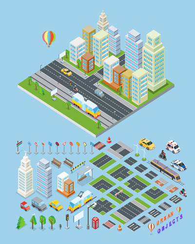 城市景观&城市物体插图。