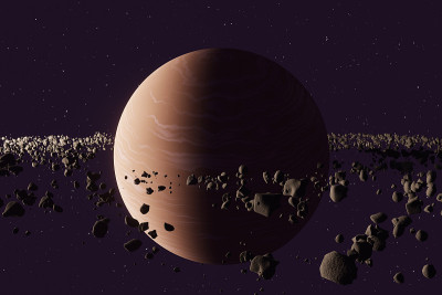 行星土星或木星近距离与石头环在太空。三维演示