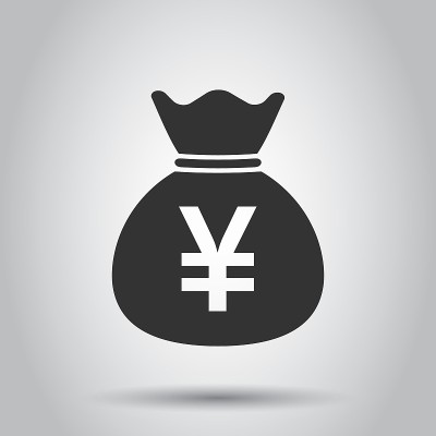 日圆、元包币、货币矢量图标等平面风格。白色背景上的日圆硬币袋符号插图。亚洲货币经营理念。