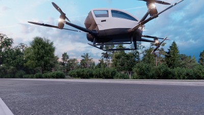 清晨，一辆高科技的空中出租车出发前往目的地。一架无人驾驶飞机的视图。3 d渲染。