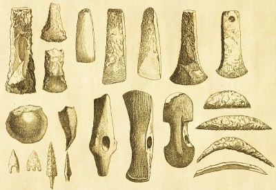 石器时代的工具。史前斧，刀和错误|古董历史插图