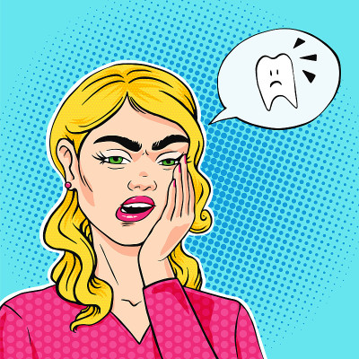 女人与急性牙痛抱着她的脸颊，牙齿疼矢量插画在流行艺术漫画风格