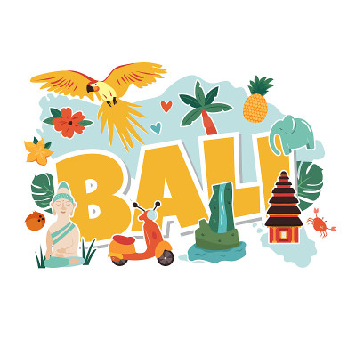 卡通插图与巴厘岛著名的地标，符号。适用于印刷品、条幅、书籍、广告