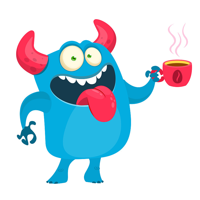 Funny cartoon monster having cup of coffee. Vector