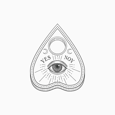 带有天意之眼的显灵板。女巫和魔法符号，单色矢量插图，孤立在白色背景