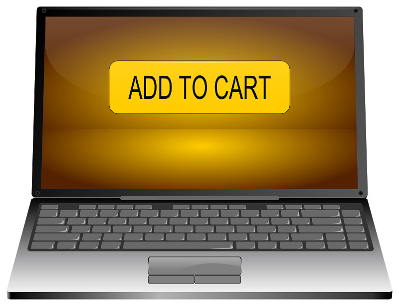 黄色笔记本电脑添加到购物车按钮- 3D插图