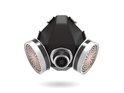 防毒面具。黑色的口罩。3d渲染插图孤立在白色背景上