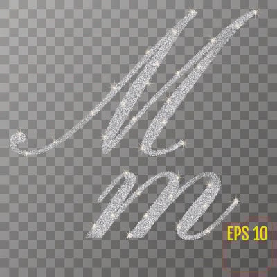 银粉字母M在透明背景上手绘风格。银字型字母M，大写。矢量插图。
