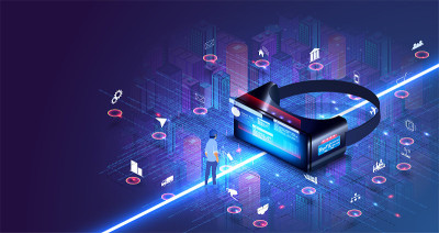 智慧城市等角图。智能建筑。物联网现代运营由vr眼镜创新技术理念。无线通信增强现实网络物联网ICT。