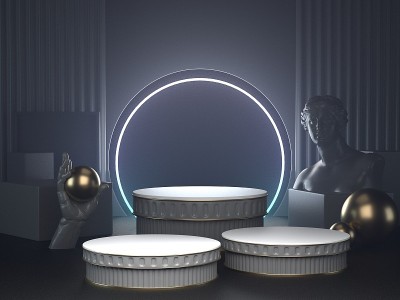 3d渲染图像的白色讲台上的未来主义霓虹灯和经典雕塑化妆品品牌或其他产品。
