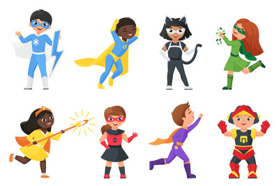 Super hero kids set, children in colorful costumes