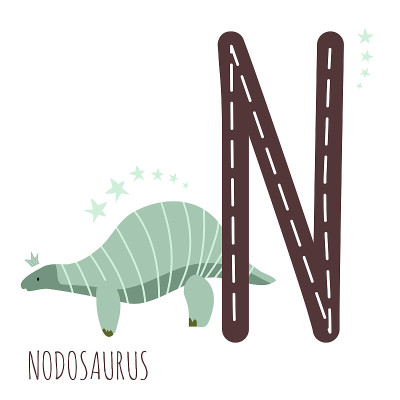Nodosaurus。字母N与爬行动物的名字。手绘可爱的食草恐龙。教育史前插图。恐龙字母表。