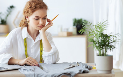 年轻女裁缝正在考虑新衣服的布料颜色