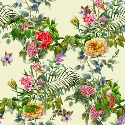 叶和花的水彩画，在白色的背景上无缝的图案