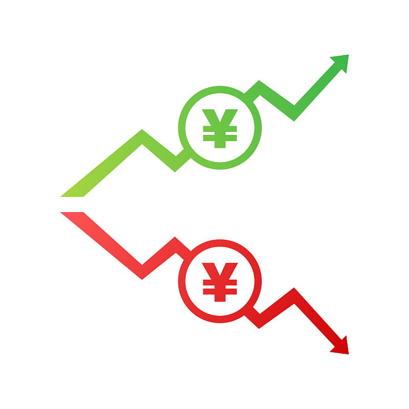 Colorful yen yuan currency up and down sign icon o