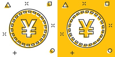矢量卡通日元，元币漫画风格的货币图标。日元硬币概念插图象形图。亚洲资金业务的飞溅效应概念。