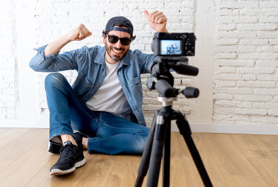 young attractive man in casual clothes hat beard h
