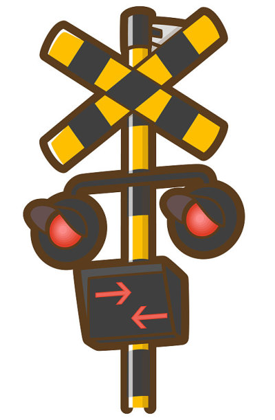 铁路平交道。打开所有的灯。