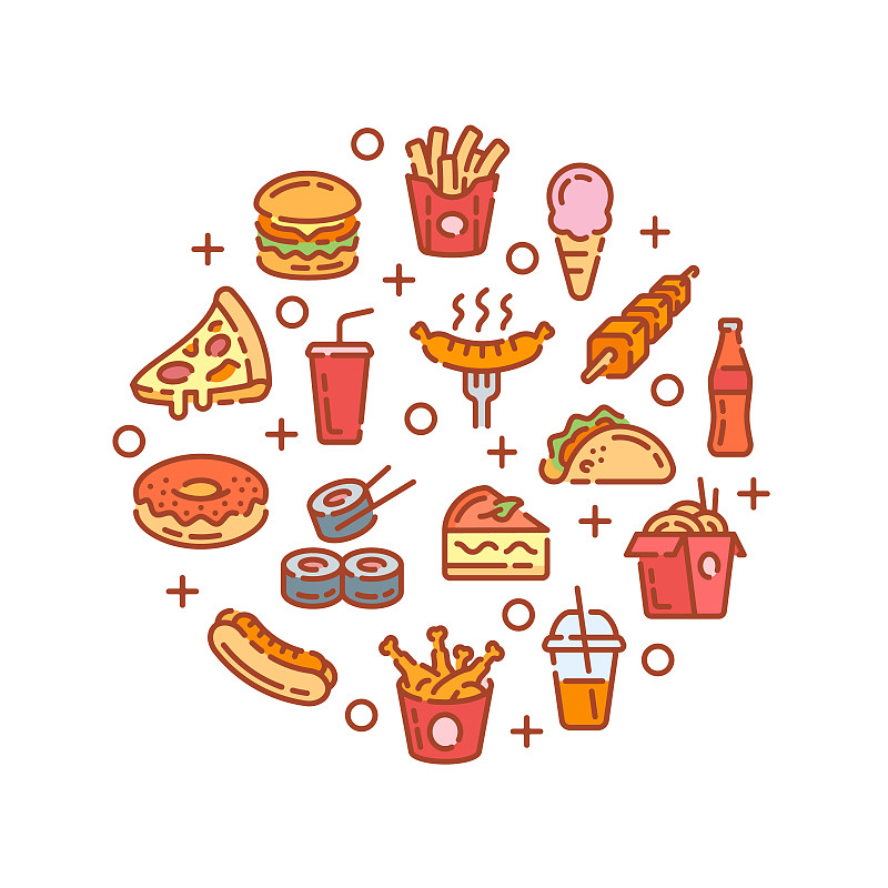圆形设计，带有快餐和饮料元素。矢量插图。