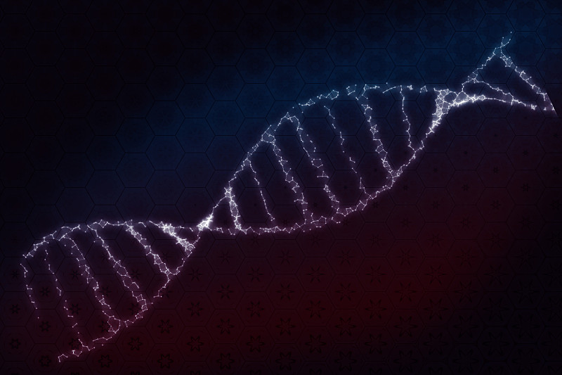 白色DNA分子和抽象背景。混合媒体。