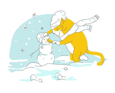 有趣的猫在堆雪人
