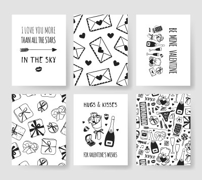 一套手绘模板时尚卡与浪漫的对象和引用。创意水墨艺术作品。假期的实际矢量图。情人节快乐插图