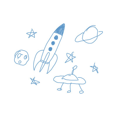 幼稚的绘画空间火箭，不明飞行物和土星，涂鸦矢量插图孤立在白色的背景。