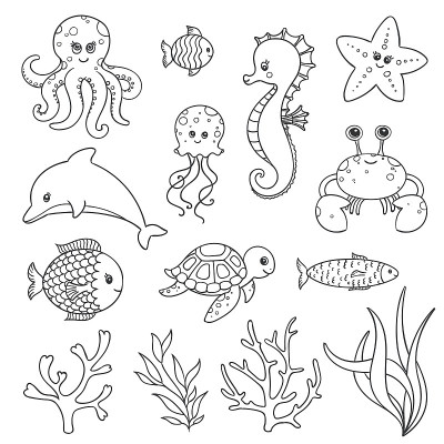 矢量可爱的手绘海洋生物