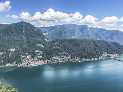 山湖蓝色。群山之间的湖面