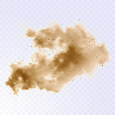 带有微粒的尘埃云。真实的矢量插图上透明的背景。沙尘暴爆炸。