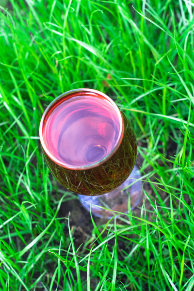 在草的背景上喝一杯葡萄酒，特写。
