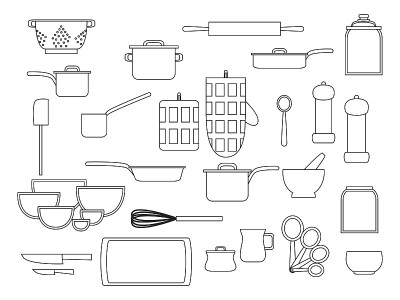 收集玻璃厨具和炊具套装厨具为家庭烹饪平面矢量插图，轮廓黑白色