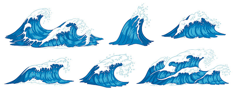 海浪。汹涌的海水海浪，复古的风暴海浪和涟波潮汐手绘矢量图