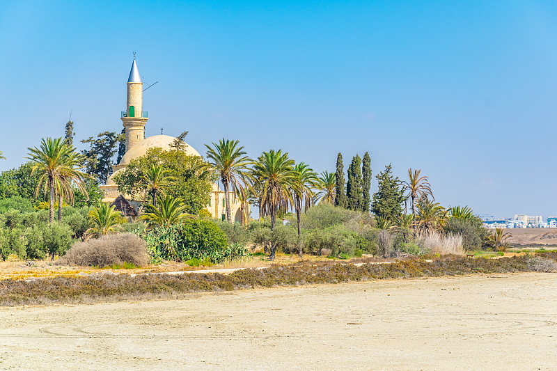 塞浦路斯，在干涸的拉纳卡湖后面的Hala Sultan Tekessi清真寺