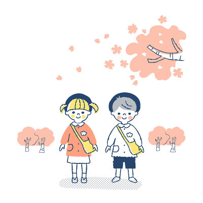 幼儿园的男孩女孩和樱花