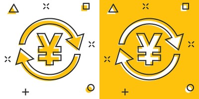 矢量卡通日元，元币漫画风格的货币图标。日元硬币概念插图象形图。亚洲资金业务的飞溅效应概念。