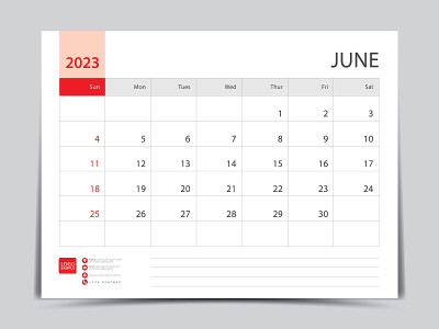 2023年每月日历模板，六月设计，规划师，2023设计桌日历，周开始于周日，墙壁日历设计在一个极简风