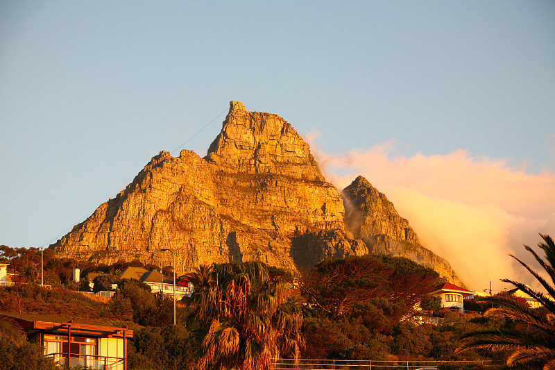 金山与棕榈树和房子在前景