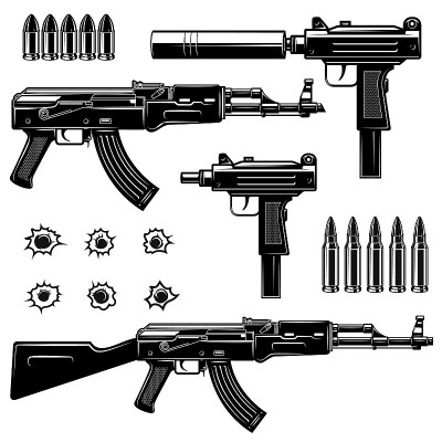 一套武器的插图。Uzi冲锋枪，ak-47。设计元素的标签，标志，海报。矢量图