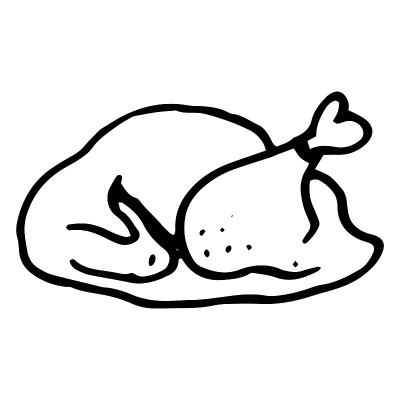 鸟类尸体轮廓。烤火鸡或鸡肉画在涂鸦风格，孤立的黑色轮廓在白色的设计模板感恩节