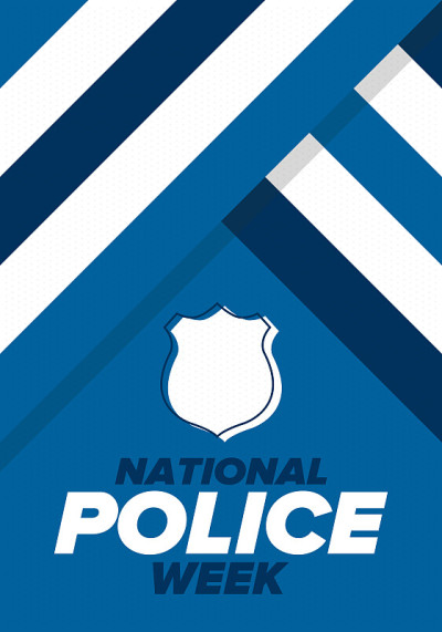 国家警察周。每年在美国庆祝。向警察英雄致敬。警徽和爱国主义元素。军官阵亡将士纪念日。海报、卡片,横幅