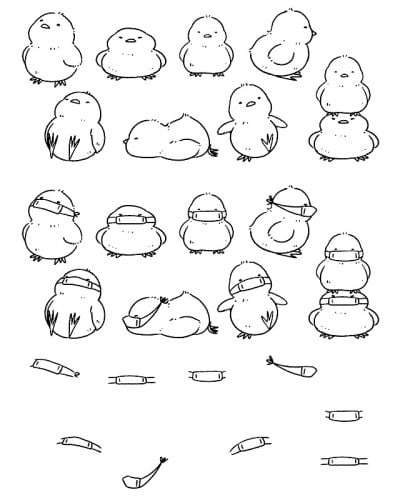 小鸡插图、线描。戴着外科口罩的小鸡